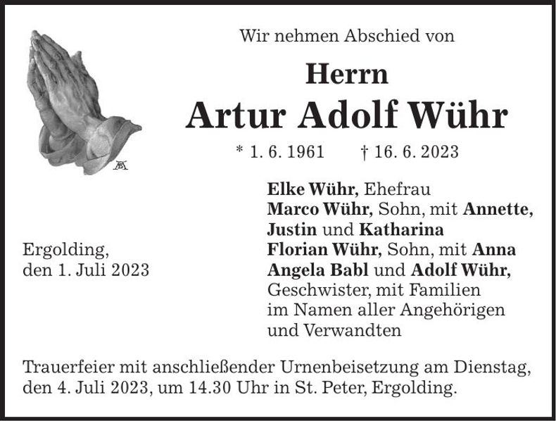 Traueranzeige Artur Adolf Wühr