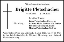Traueranzeige Brigitte Pletschacher