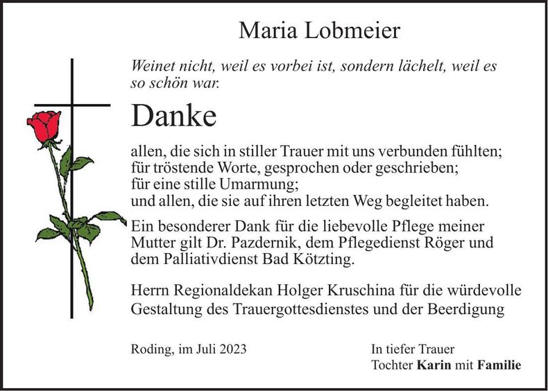 Traueranzeige Maria Lobmeier