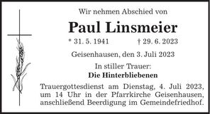 Traueranzeige Paul Linsmeier