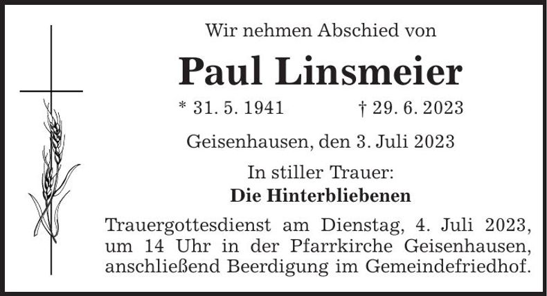 Traueranzeige Paul Linsmeier