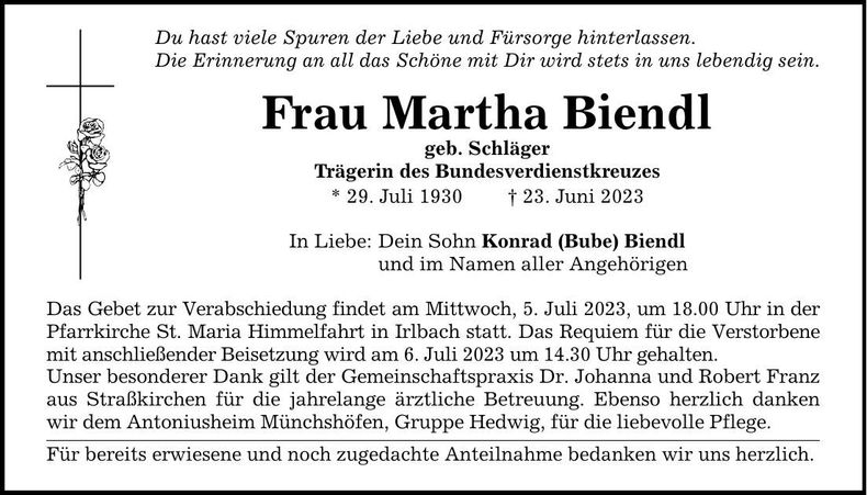 Traueranzeige Martha Biendl