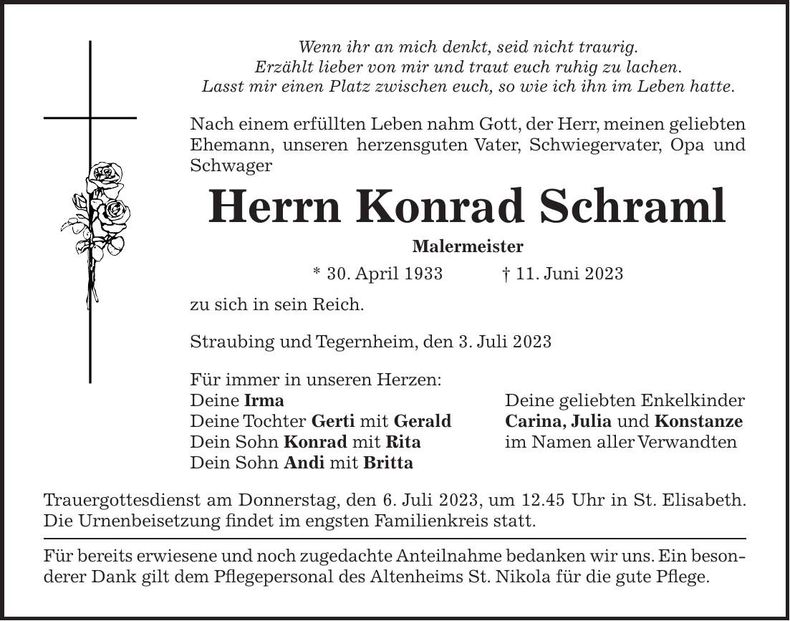 Traueranzeige Konrad Schraml