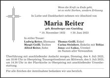 Traueranzeige Maria Reiter