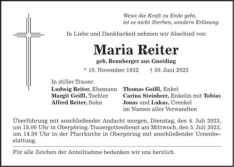 Traueranzeige Maria Reiter