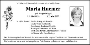 Traueranzeige Maria Huemer