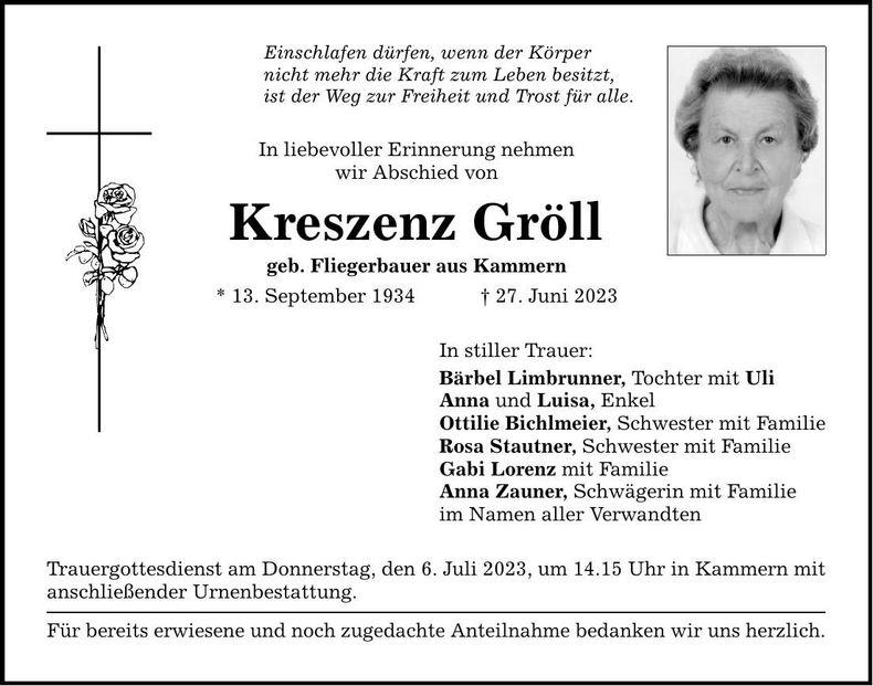 Traueranzeige Kreszenz Gröll