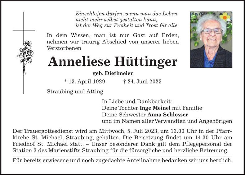 Traueranzeige Anneliese Hüttinger