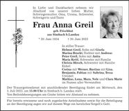 Traueranzeige Anna Greil