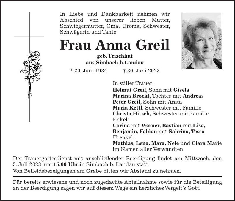 Traueranzeige Anna Greil