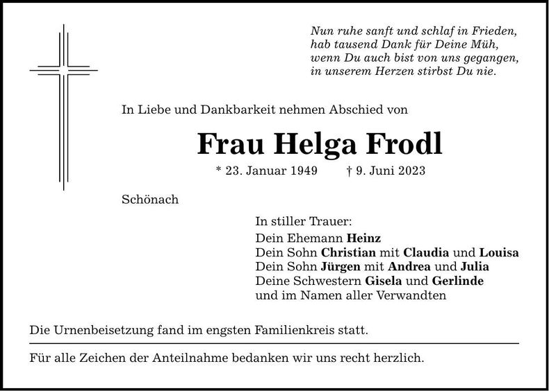 Traueranzeige Helga Frodl