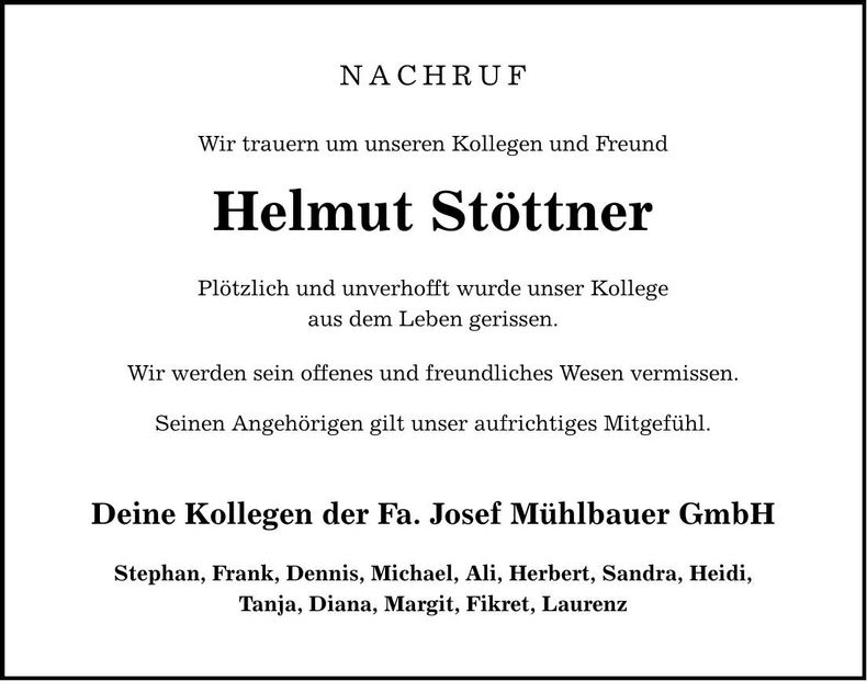 Traueranzeige Helmut Stöttner