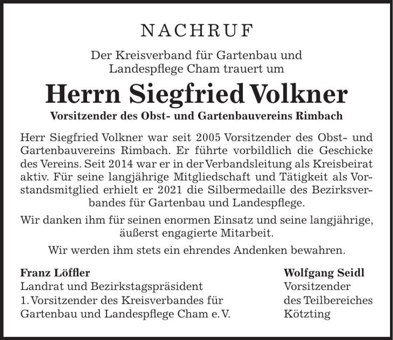 Traueranzeige Siegfried Volkner