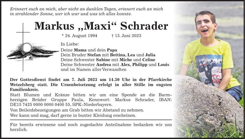 Traueranzeige Markus Schrader