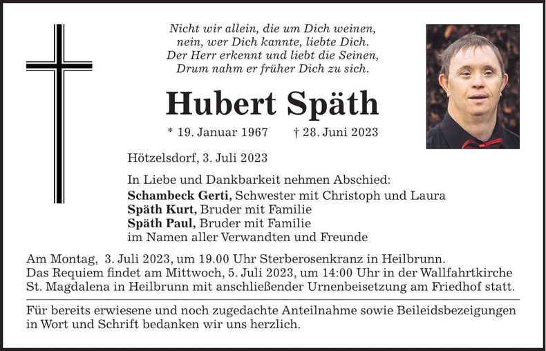 Traueranzeige Hubert Späth