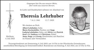 Traueranzeige Theresia Lehrhuber