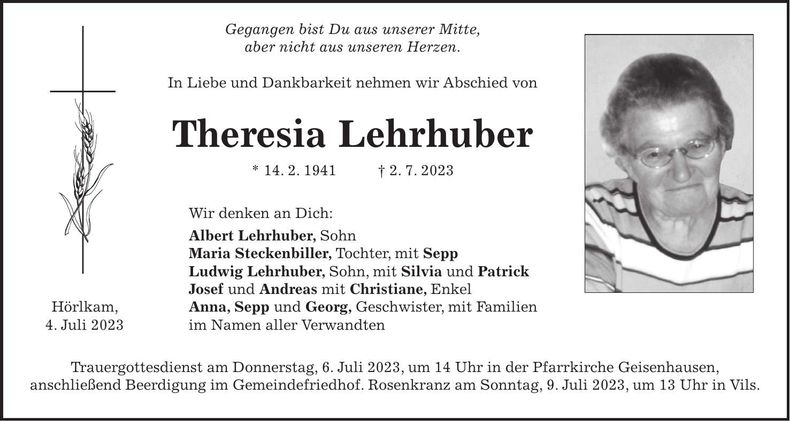 Traueranzeige Theresia Lehrhuber
