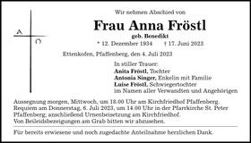 Traueranzeige Anna Fröstl