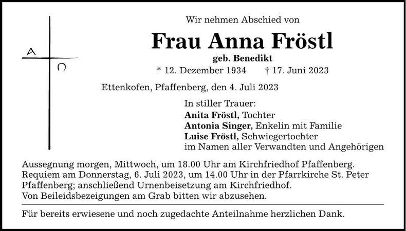 Traueranzeige Anna Fröstl