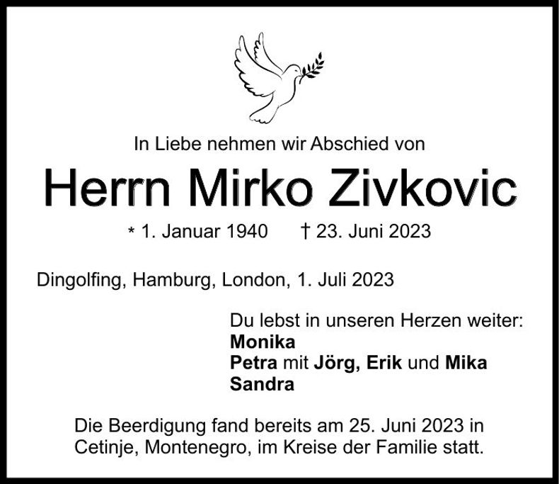 Traueranzeige Mirko Zivkovic