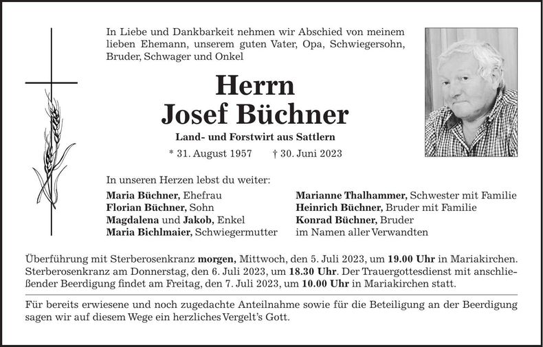 Traueranzeige Josef Büchner