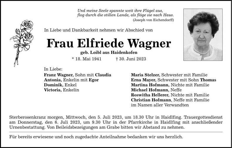 Traueranzeige Elfriede Wagner