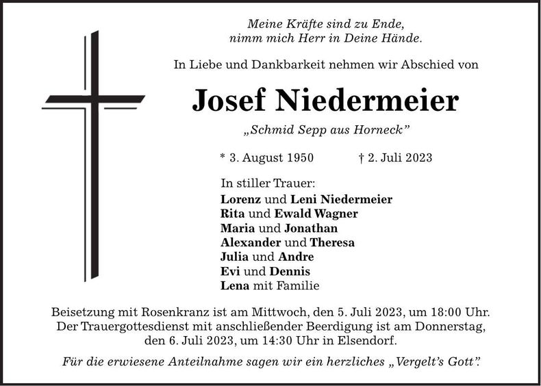Traueranzeige Josef Niedermeier