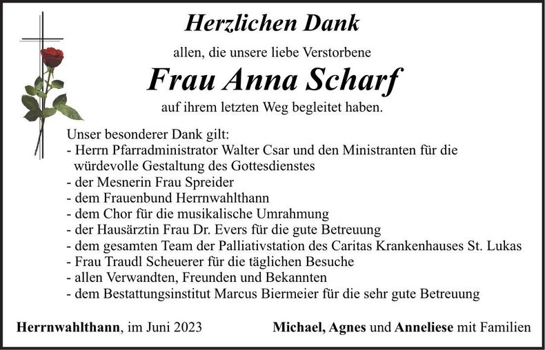 Traueranzeige Anna Scharf
