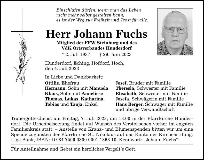 Traueranzeige Johann Fuchs