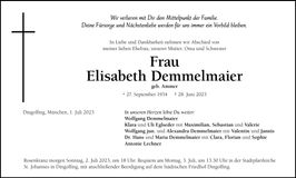 Traueranzeige Elisabeth Demmelmaier