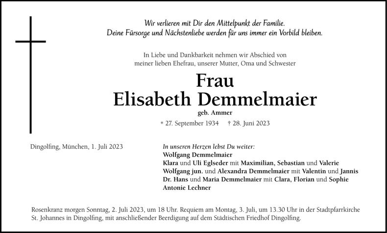 Traueranzeige Elisabeth Demmelmaier