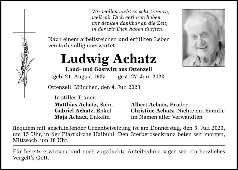 Traueranzeige Ludwig Achatz