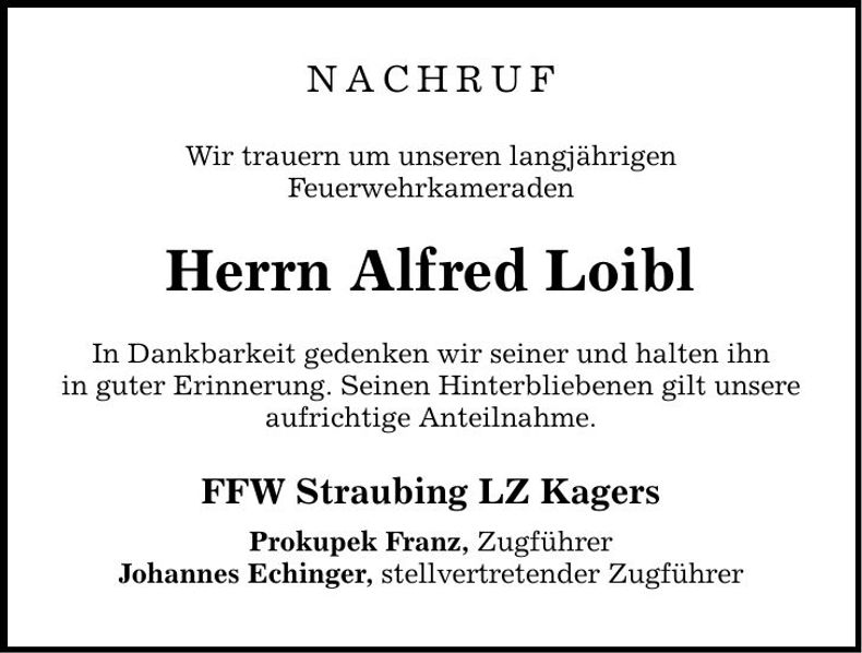 Traueranzeige Alfred Loibl
