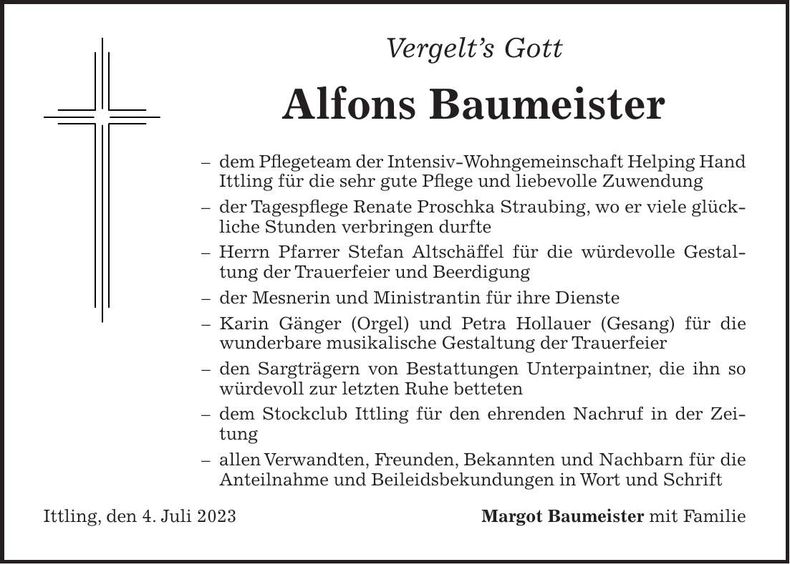 Traueranzeige Alfons Baumeister