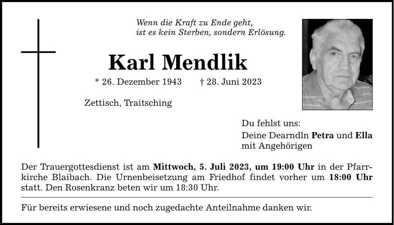 Traueranzeige Karl Mendlik