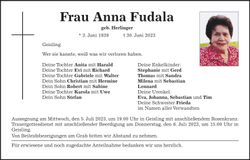 Traueranzeige Anna Fudala