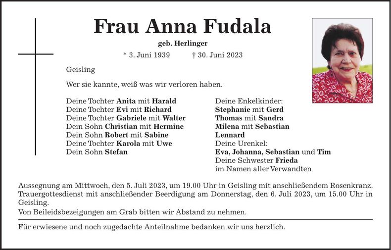 Traueranzeige Anna Fudala