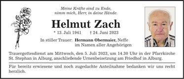 Traueranzeige Helmut Zach