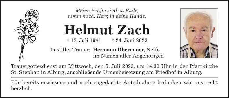 Traueranzeige Helmut Zach
