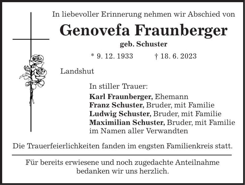 Traueranzeige Genovefa Fraunhofer