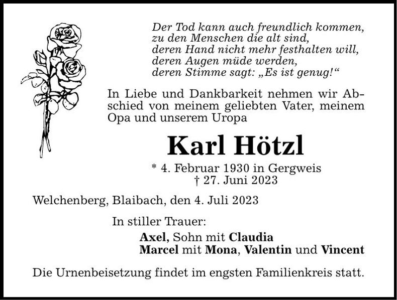 Traueranzeige Karl Hötzl