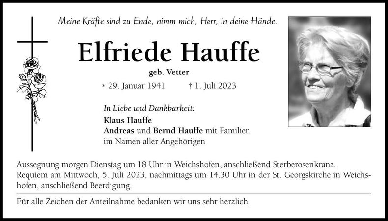 Traueranzeige Elfriede Hauffe