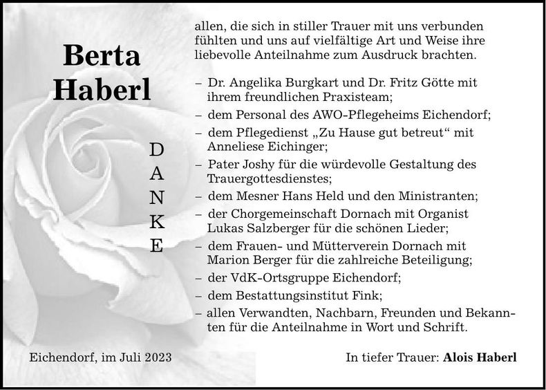 Traueranzeige Berta Haberl