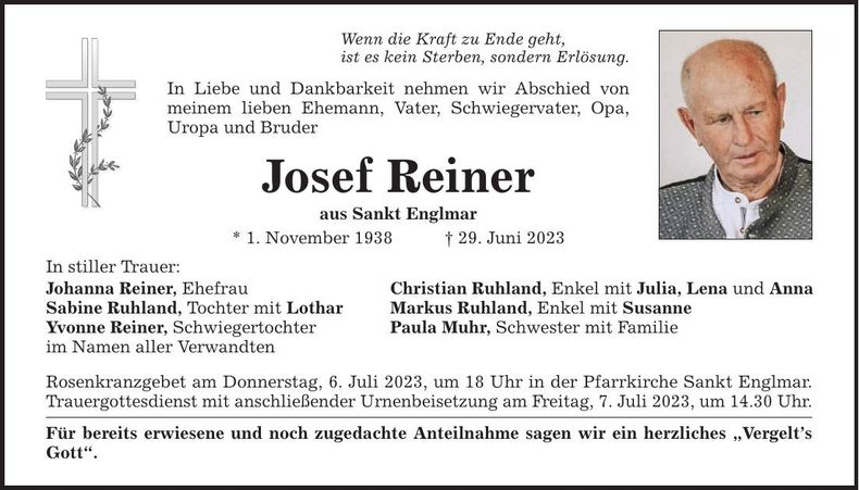 Traueranzeige Josef Reiner