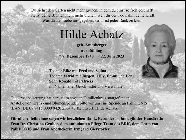 Traueranzeige Hilde Achatz