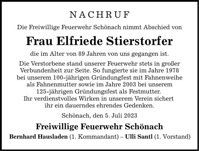Traueranzeige Elfriede Stierstorfer