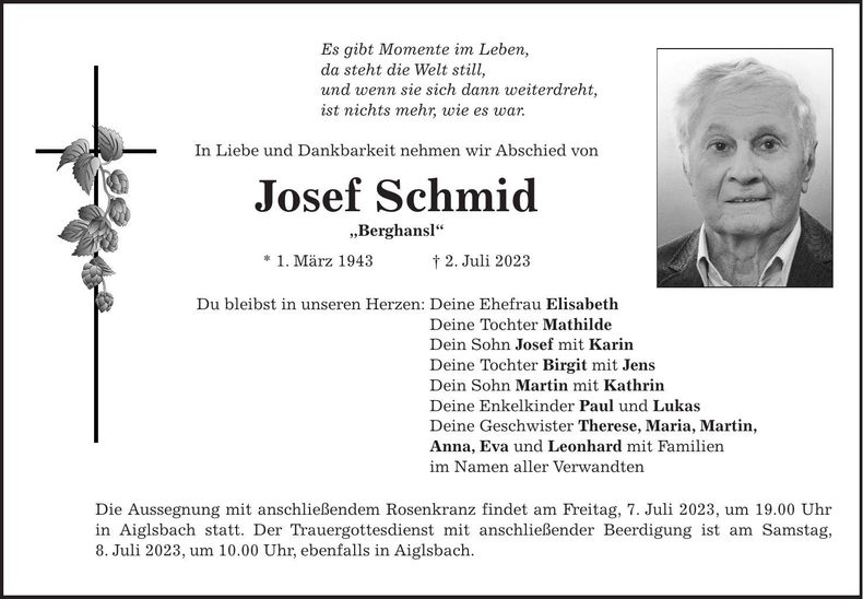 Traueranzeige Josef Schmid