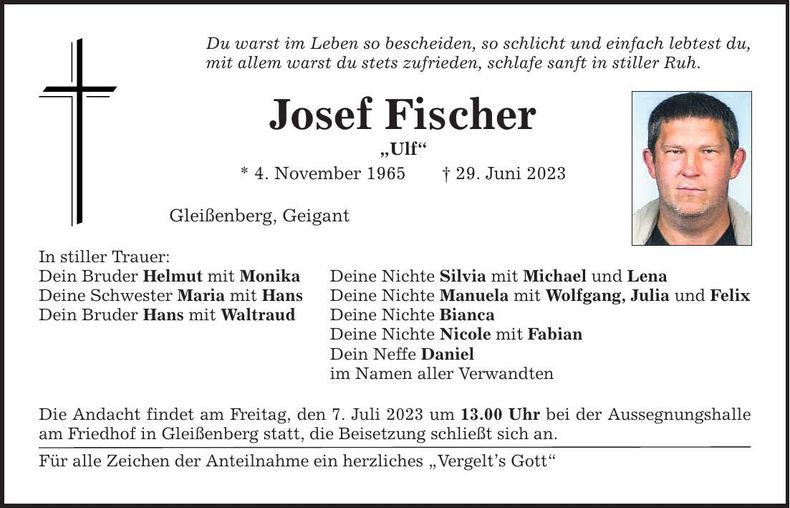 Traueranzeige Josef Fischer