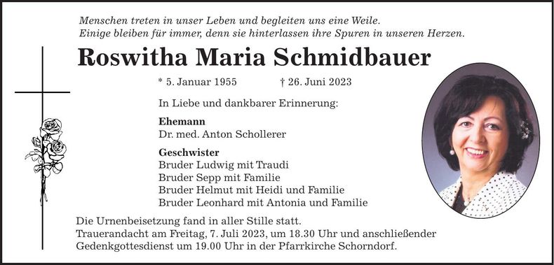 Traueranzeige Roswitha Maria Schmidbauer