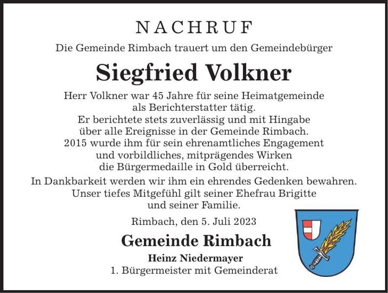 Traueranzeige Siegfried Volkner